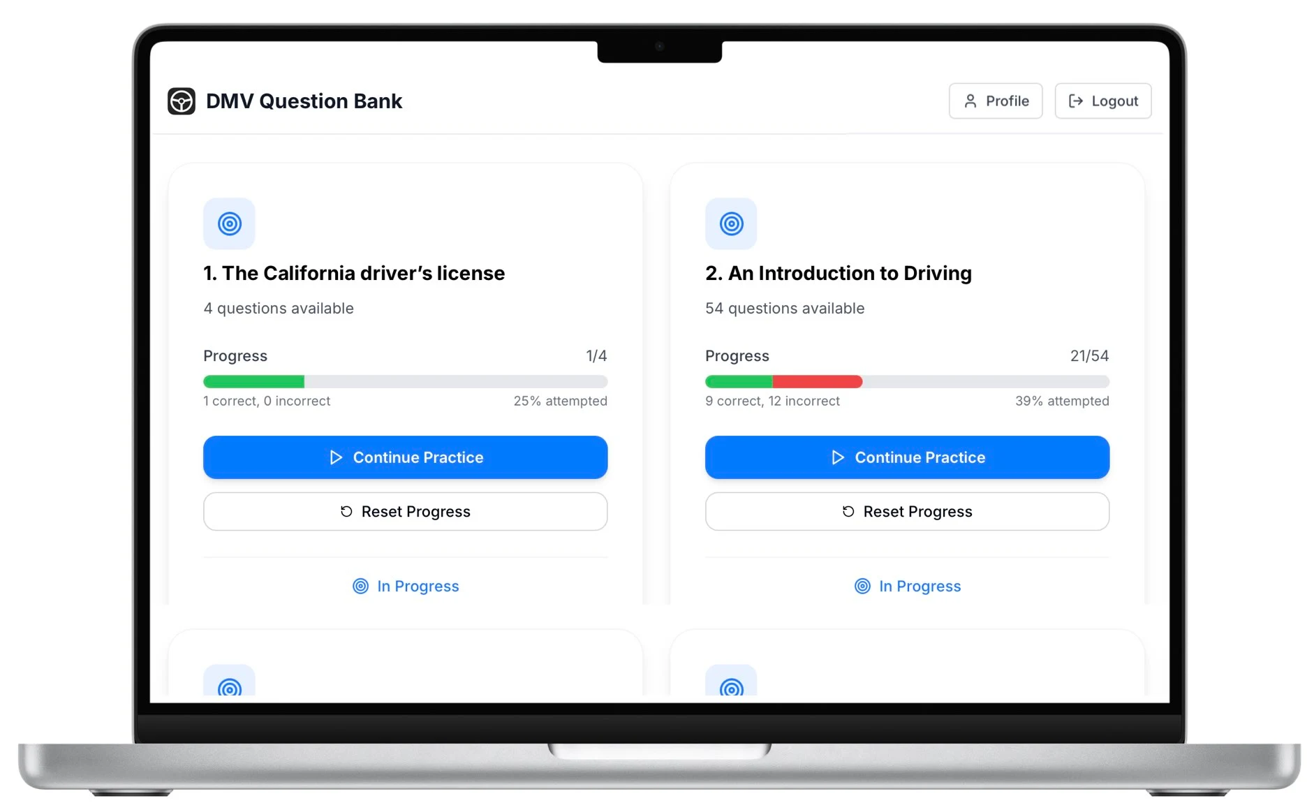 Real Estate Question Bank on laptop showing study by chapter interface